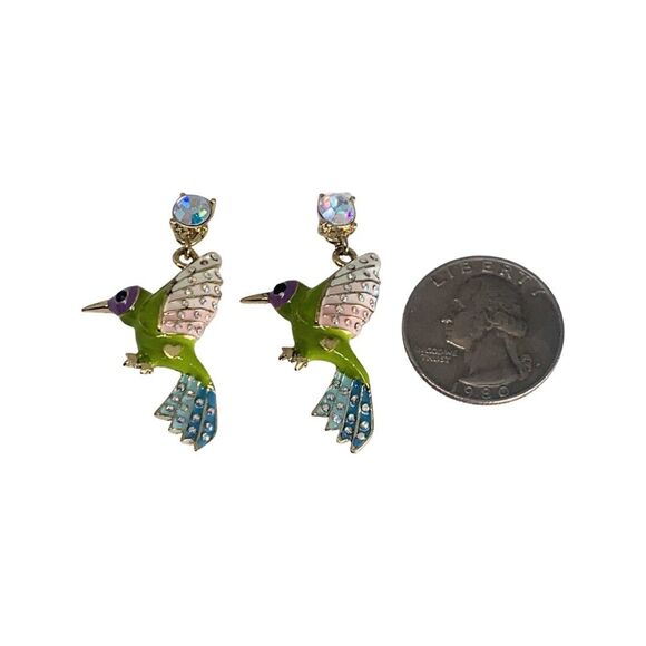Betsey Johnson Hummingbird Dangle Earrings 2" Crystal Green Spring Ahead - Picture 9 of 11